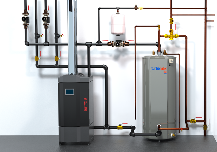 Domestic hot water and heating application with the TurboMax without additional connections