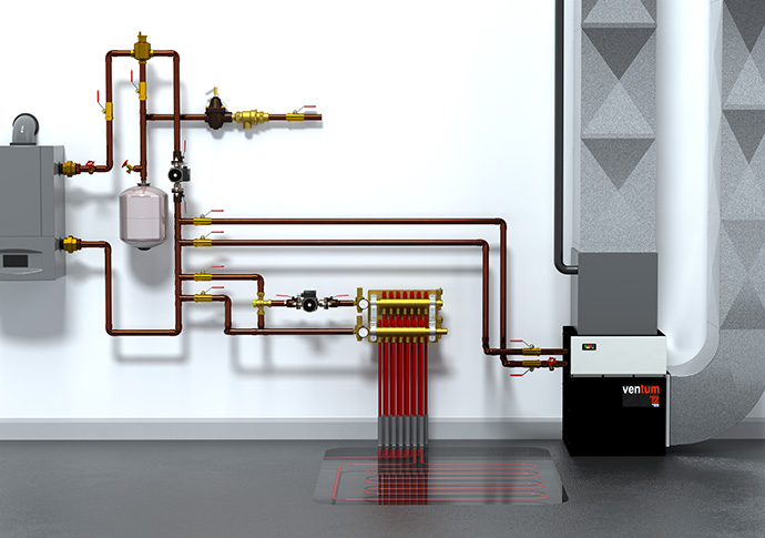 Residential application of the VenTum hydronic air handler in combination with a radiant floor