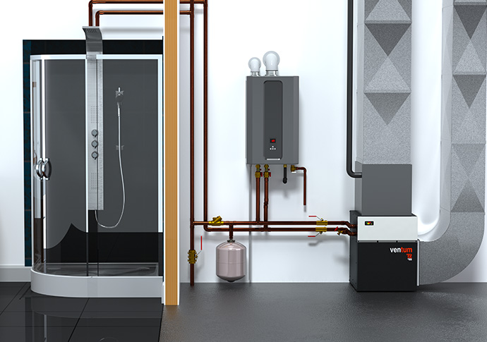 Residential application of the VenTum air handler with an automatic pump and water heater